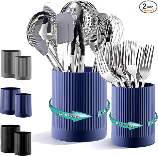 Kyraton Cooking Utensils Holder 2pcs, 360° Rotating Heavy Duty Plastic Kitchen Utensil Holder for Countertop, The Small Utensil Crock for Cutlery Silverware, Tooth Brush, Desk Pencil Pen by Kyraton