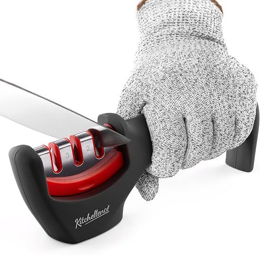 4-in-1 Kitchen Knife Accessories: 3-Stage Knife Sharpener Helps Repair, Restore and Polish Blades and Cut-Resistant Glove by KITCHELLENCE