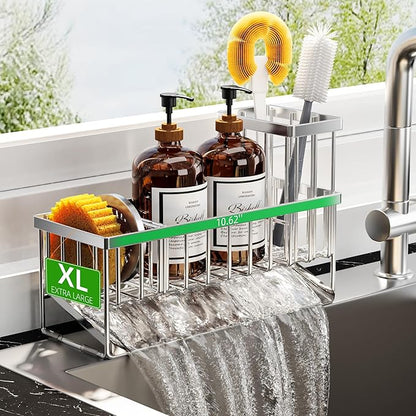 Cisily Extra Large Silver Kitchen Sink Caddy Organzier with High Brush Holder, Sponge Holder for Sink, 304 Rustproof Stainless, Kitchen Countertop Soap Dispenser Organizer For Decor and Accessories by CISILYHOMELIFE