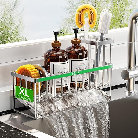 Cisily Extra Large Silver Kitchen Sink Caddy Organzier with High Brush Holder, Sponge Holder for Sink, 304 Rustproof Stainless, Kitchen Countertop Soap Dispenser Organizer For Decor and Accessories by CISILYHOMELIFE