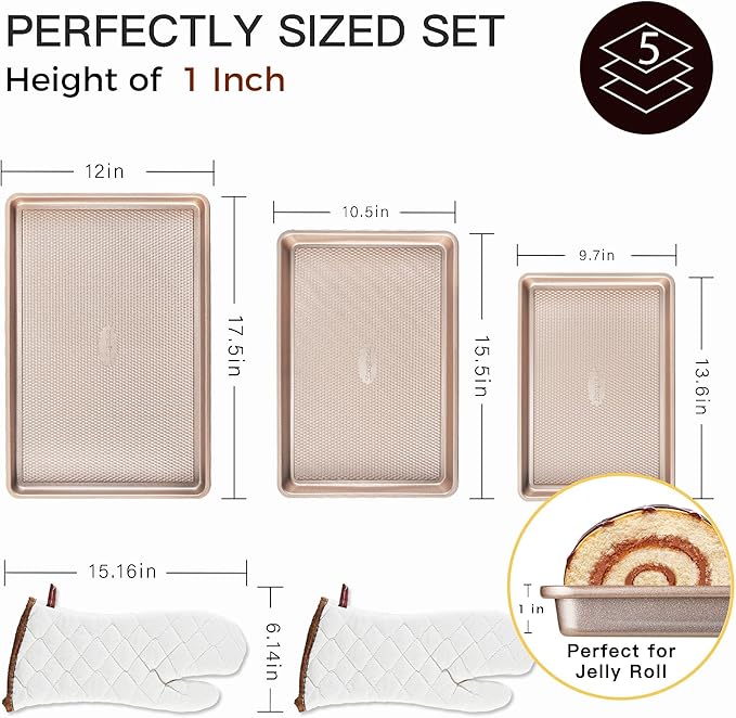 HONGBAKE 3 Pack Gold Nonstick Baking Sheet Pan Set with Oven Mitts Heat Resistant, Non-Toxic Half/Quarter/Jelly Roll Pans with Diamond Texture Pattern, Heavy Duty 0.8mm Thick Cookie Trays for Cooking - Image 6