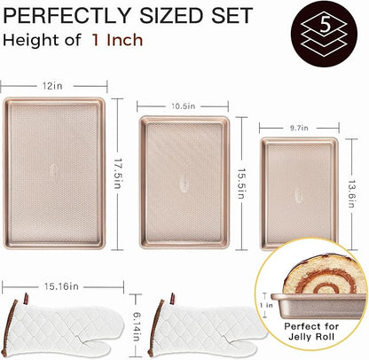HONGBAKE 3 Pack Gold Nonstick Baking Sheet Pan Set with Oven Mitts Heat Resistant, Non-Toxic Half/Quarter/Jelly Roll Pans with Diamond Texture Pattern, Heavy Duty 0.8mm Thick Cookie Trays for Cooking - Image 6