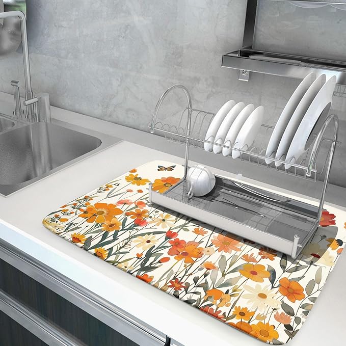 Fall Orange Wildflower Dish Drying Mat for Kitchen Counter,Autumn Floral Butterflies Drying Mat 18 x 24 Inch with Absorbent Reversible Microfiber Dish Drying Pad Dish Pad for Coffee Bar - Image 5
