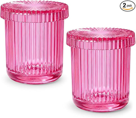 2 Pack Qtip Holder - Apothecary Jars with Lids, Bathroom Organizers and Storage Canister for Cotton Balls,Swabs,Floss Picks,Hair Ties,Clear Glass Vintage Bathroom Decor Jar Set (Pink2)