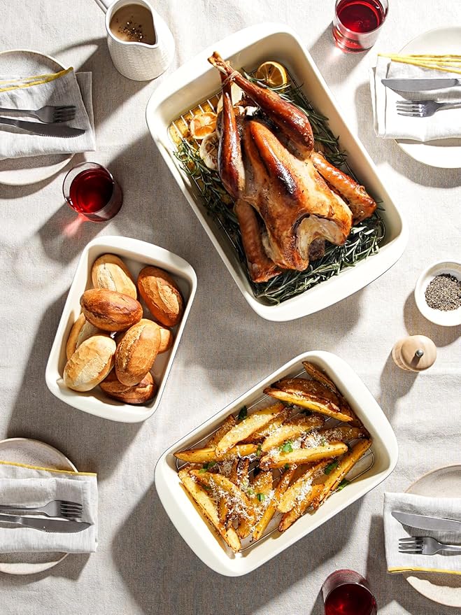 LE TAUCI Deep Casserole Dishes for Oven, 13.7”x9.6” Ceramic Baking Dish Set with Roasting Racks, Large Lasagna Pans with Handles, Rectangular Bakeware as Gift for Mom, Dusty Blue (4.6QT/3.0QT/1.6QT), Set of 3 - Image 6