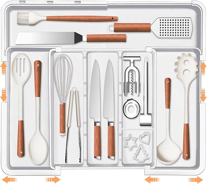 Spaclear Large Utensil Drawer Organizer Expandable Silverware Organizer for Kitchen Drawer Adjustable Cooking Utensil Holder Cutlery Flatware Tray Spatula Tools Gadgets Storage Dividers Plastic White by Spaclear