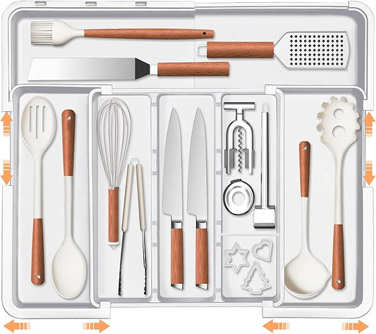Spaclear Large Utensil Drawer Organizer Expandable Silverware Organizer for Kitchen Drawer Adjustable Cooking Utensil Holder Cutlery Flatware Tray Spatula Tools Gadgets Storage Dividers Plastic White by Spaclear