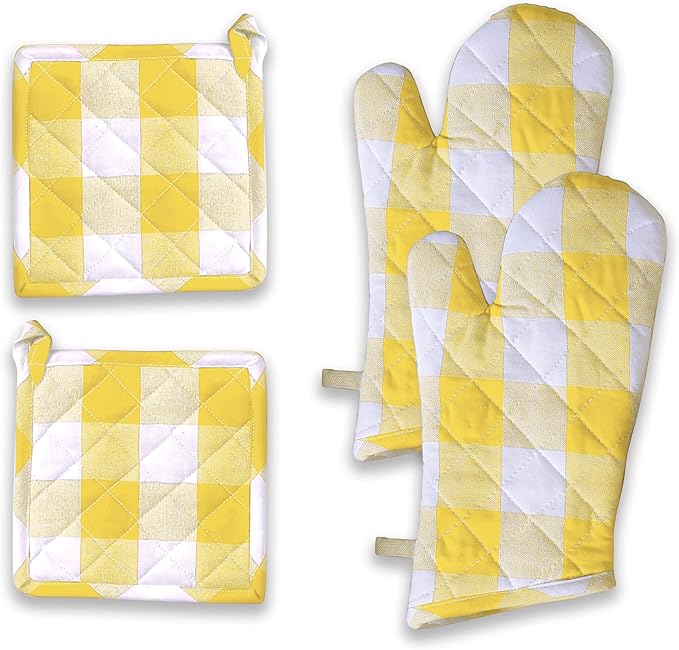 Buffalo Plaid Check Oven Mitts and Pot Holders Set, 100% Cotton, Heat Resistant, 2 Oven Gloves 7x13 Inches and 2 Hot Pads 8x8 Inches for Cooking and Baking, Lemon Yellow White