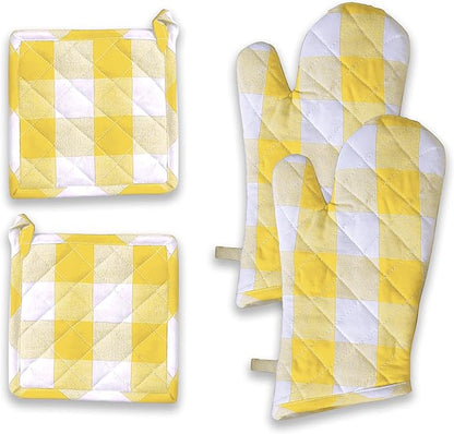 Buffalo Plaid Check Oven Mitts and Pot Holders Set, 100% Cotton, Heat Resistant, 2 Oven Gloves 7x13 Inches and 2 Hot Pads 8x8 Inches for Cooking and Baking, Lemon Yellow White