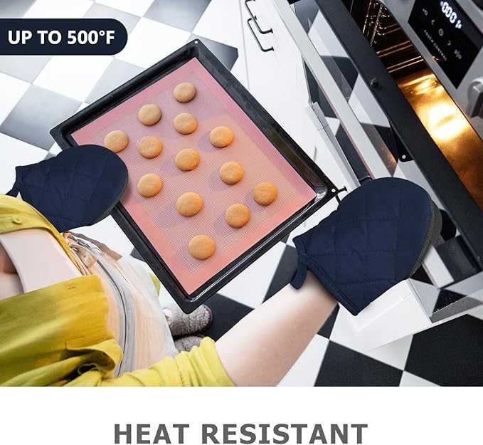 1 Pair Short Oven Mitts - Silicone Kitchen Oven Gloves High Heat Resistant 500℉, Mini Oven Mits with Non-Slip Grip Surfaces and Hanging Loop for BBQ, Baking, Cooking and Grilling (Dark Blue) - Image 2