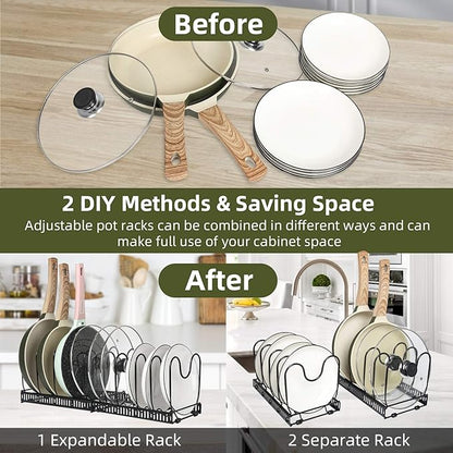 ROOHUA Pot Rack -Expandable Pan Organizer for Cabinet, Lid Holder with 10 Adjustable Compartment for Kitchen Cabinet Cookware Baking Frying Rack - Image 2