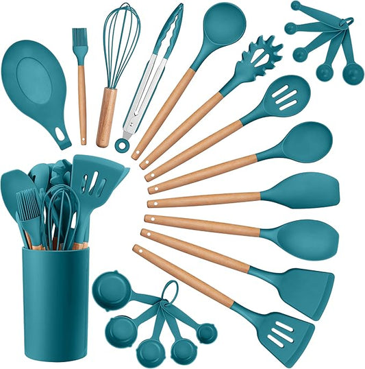 HaWare Kitchen Cooking Utensils Set, 23-Piece Silicone Kitchen Utensils Spatula Set with Holder, Heat Resistant Wooden Handle Kitchen Gadget for Nonstick Cookware, Food-grade Turner Spoon Sets (Blue) by HaWare