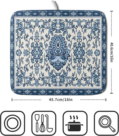 Blue Floral Dish Drying Mat for Kitchen Counter 16x18 Chinoiserie Flower Print Vintage Absorbent Reversible Microfiber Drying Mats Kitchen Countertop Protector Dishes Drainer Rack Pad - Image 2