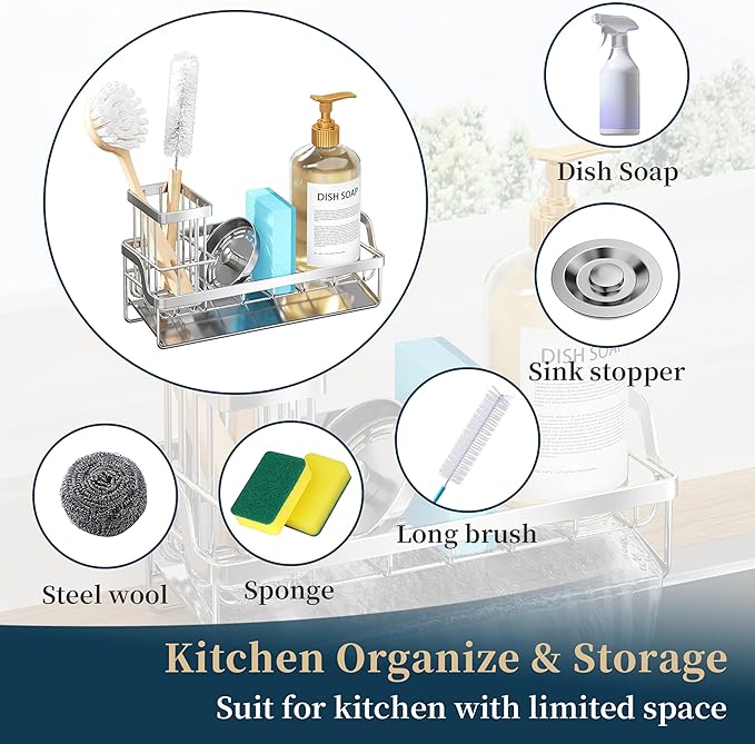 Consumest Sponge Holder for Kitchen Sink - Sink Caddy with Stainless Steel Self Drain Tray, Sink Organizer with High Brush Holder Countertop for Kitchen Sink Accessories, Silver - Image 7