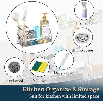Consumest Sponge Holder for Kitchen Sink - Sink Caddy with Stainless Steel Self Drain Tray, Sink Organizer with High Brush Holder Countertop for Kitchen Sink Accessories, Silver - Image 7