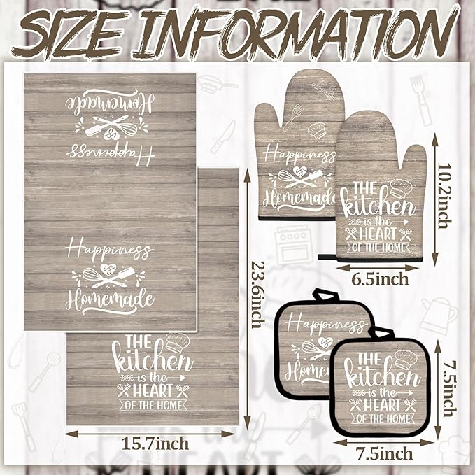 Sratte 6 Pcs Kitchen Decor Accessories Set Farmhouse Towels Pot Holders Oven Mitts Set 2 Dish Towels 2 Potholders 2 Cooking Mittens Oven Glove for Christmas Baking Cooking(Brown Wood Grain) - Image 4