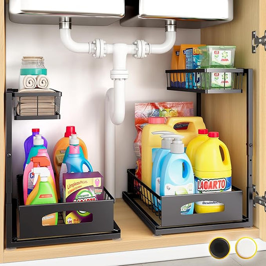 Under Sink Organizer, 2 Pack Cabinet Organizer for Kitchen, Height Adjustable Pull Out Heavy Duty 2 Tier Metal Under Sink Storage for Bathroom Pantry (Black, 2 Pack) by Fabutier