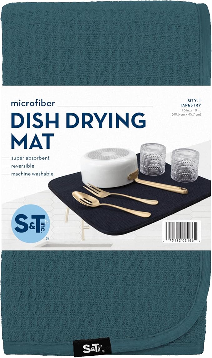S&T INC. Dish Drying Mat, 16” x 18”, Absorbent Microfiber Kitchen Counter Mat, Dish Drying Pad for Dishes, Utensils, Pots and Pans, Large, Tapestry Blue - Image 8