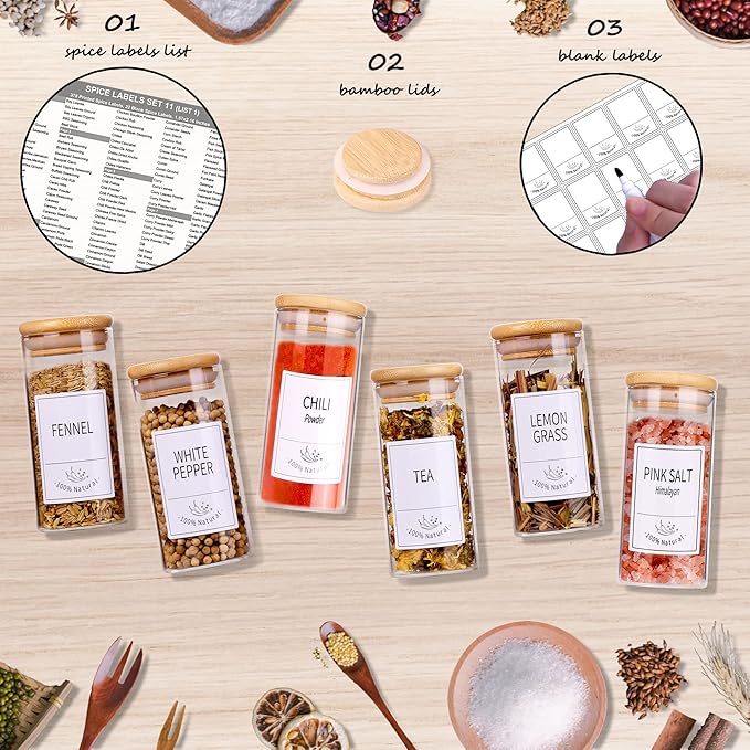 Churboro 30 Pcs Spice Jars with Label- Glass Spice Jars with Bamboo LIds and 400 Labels, 4 OZ Empty Seasoning Containers for Kitchen Sugar Salt
