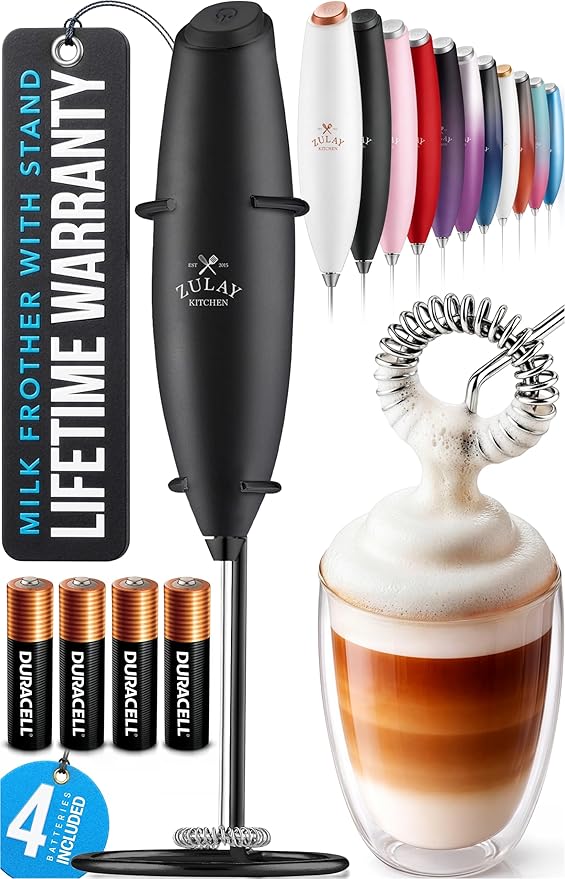 Zulay Kitchen Powerful Milk Frother Wand With 4 AA Duracell Batteries - Ultra Fast Handheld Drink Mixer - Electric Whisk Foam Maker for Coffee, Lattes, Cappuccino, Matcha & Creamer - Executive Black by ZulayKitchen
