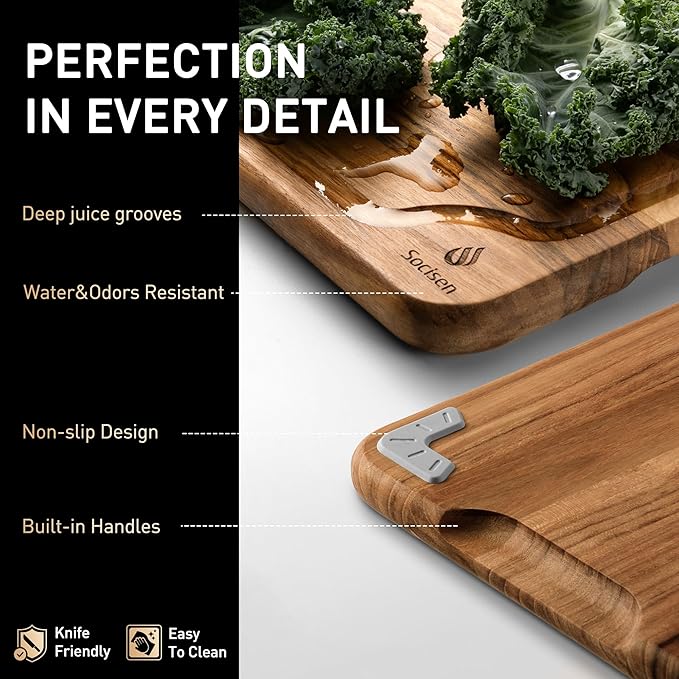 Teak Wood Cutting Board Set for Kitchen High-End Non Toxic Non Slip Over Sink Solid Thick Wood Haus Chopping Board Extra Large Big Small Best Kitchen Essential House Warming Hostess Host Gift - Image 4