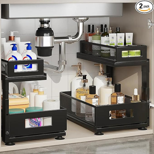 2 Pack Under Sink Organizer with Next-Gen Ball-Bearing Slides,2-Tier Pull Out Cabinet Storage,Height Adjustable Drawer Shelf for Bathroom,Kitchen,Laundry,Cabinet,Pantry(Patent Pending)