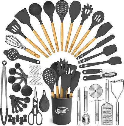 Kaluns 50 PCS Silicone Kitchen Utensils Set Complete Kitchen Set - 800°F Heat Resistant Non-Stick Premium Cooking Utensils W Wooden Handles - Can Opener, Masher, Turner, Silicone Spatula Set by Kaluns%C2%AE