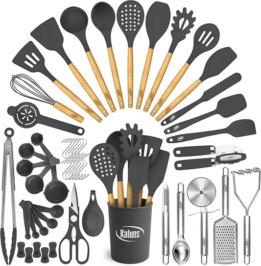 Kaluns 50 PCS Silicone Kitchen Utensils Set Complete Kitchen Set - 800°F Heat Resistant Non-Stick Premium Cooking Utensils W Wooden Handles - Can Opener, Masher, Turner, Silicone Spatula Set by Kaluns%C2%AE