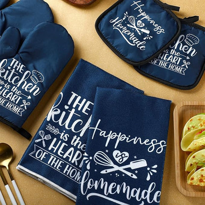 Sratte 6 Pcs Kitchen Decor Accessories Set Farmhouse Towels Pot Holders Oven Mitts Set 2 Dish Towels 2 Potholders 2 Cooking Mittens Oven Glove for Christmas Baking Cooking Supply(Blue,Kitchen) - Image 3