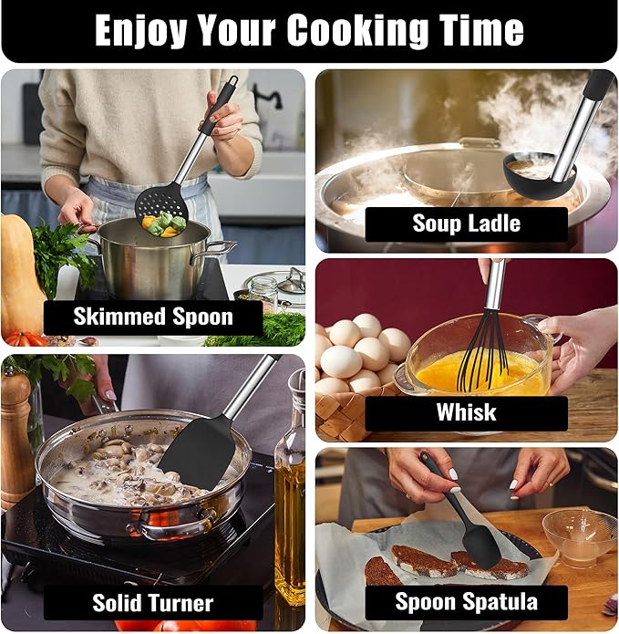 E-far 14 Pieces Silicone Cooking Utensils Set, Kitchen Utensils Set with Holder, Spatula, Ladle, Spoon, Tong, Slotted Turner for Nonstick Cookware, Heat Resistant & Stainless Steel Handle, Black - Image 5