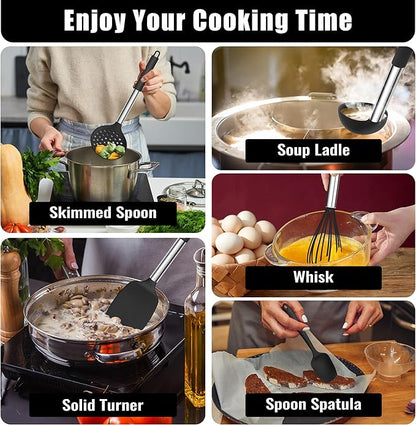 E-far 14 Pieces Silicone Cooking Utensils Set, Kitchen Utensils Set with Holder, Spatula, Ladle, Spoon, Tong, Slotted Turner for Nonstick Cookware, Heat Resistant & Stainless Steel Handle, Black - Image 5