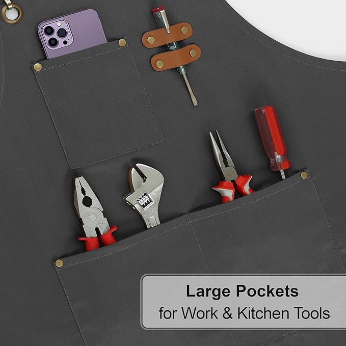 RUVANTI Work Aprons for Men, Oil & Water Repellent, PolyCotton Cross Back Aprons for Women with Pockets, Adjustable up to XXL, Chef Aprons for Cooking, Grilling, Welding, Woodworking - Grey Aprons