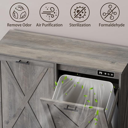 Double Tilt Out Trash Can Cabinet, Wooden Farmhouse Kitchen Garbage Bin Enclosure with Negative Ion Odor Control, Hidden Dog Proof Trash or Laundry Basket Storage for Laundry Room, Grey