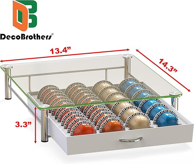 DecoBrothers Crystal Tempered Glass Vertuo Pod Holder Drawer, 24 Large or 48 Small Nespresso Capsule Organizer, White - Image 3