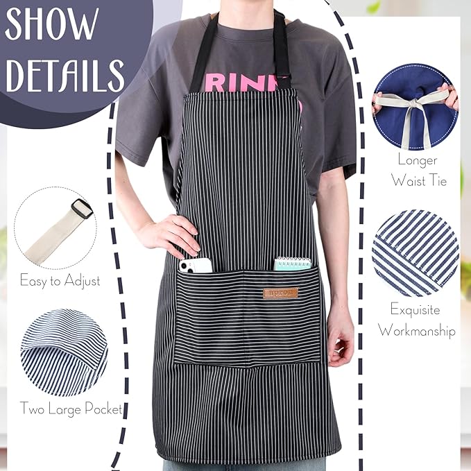 Handepo 12 Pcs Cotton Aprons for Women Men with Pockets Soft Adjustable Bib Stripe Aprons for Cooking Kitchen Chef - Image 3