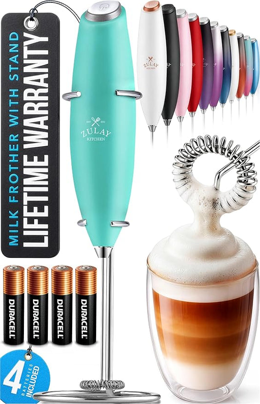 Zulay Kitchen Powerful Milk Frother Wand With 4 AA Duracell Batteries - Ultra Fast Handheld Drink Mixer - Electric Whisk Foam Maker for Coffee, Lattes, Cappuccino, Matcha & Creamer - Aqua by ZulayKitchen