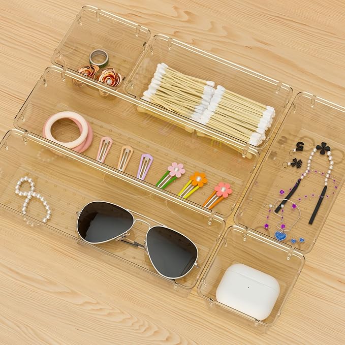 WOWBOX 9 Pack Clear Drawer Organizer Set, Acrylic Drawer Storage Trays, Storage Bins for Makeup, Cosmetics, Jewelries, Utensils, Gadgets, Office, Champagne - Image 6
