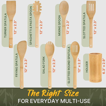 Bamboo Utensils 7 PCs with Holder – Bamboo Cooking Utensils Set + Holder for Nonstick – Wooden Spoon Sets for Cooking – Easy to Clean, Sturdy, Lightweight & Heat Resistant - Image 3