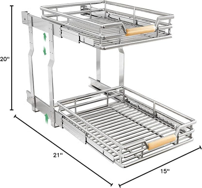 Pull out Cabinet Organizer, 2 Tiers 15"W X 21"D, Heavy Duty Smooth Sliding Under Cabinet Shelves for Pots and Pans, Full-Extension Roll out Drawers, Slide out Organization for Home Kitchen Pantry - Image 3