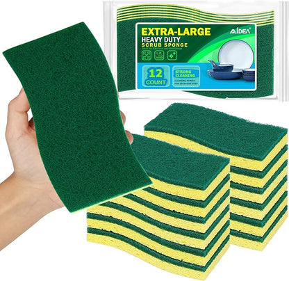 AIDEA XL Scrub Sponges Heavy Duty 12Count, Sponges for Dishes, Extra Large Sponge for Cleaning Kitchen and Household, Heavy Duty Sponge Safe for Non-Coated Cookware, Cleaning Power for Bathroom, House by AIDEAHOME