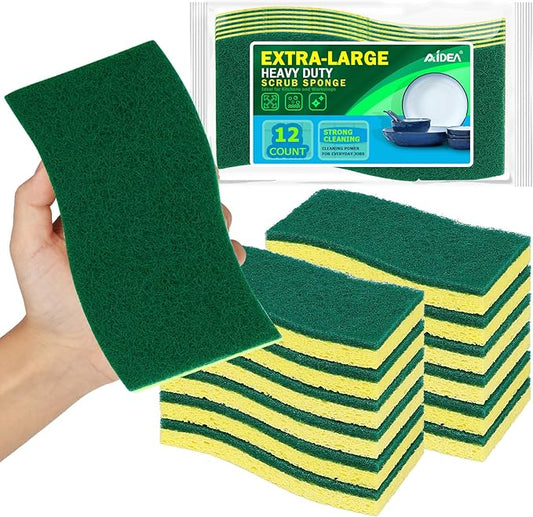 AIDEA XL Scrub Sponges Heavy Duty 12Count, Sponges for Dishes, Extra Large Sponge for Cleaning Kitchen and Household, Heavy Duty Sponge Safe for Non-Coated Cookware, Cleaning Power for Bathroom, House by AIDEAHOME