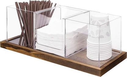 MyGift Modern Modular Coffee and Tea Station Organizer with 3 Removable Premium Clear Acrylic Compartments and Rustic Burnt Solid Wood Decorative Tray, 4 Piece Set by MyGiftHome