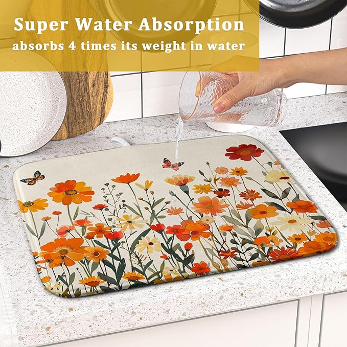 Fall Orange Wildflower Dish Drying Mat for Kitchen Counter,Autumn Floral Butterflies Drying Mat 16 x 18 Inch with Absorbent Reversible Microfiber Dish Drying Pad Dish Pad for Coffee Bar - Image 7