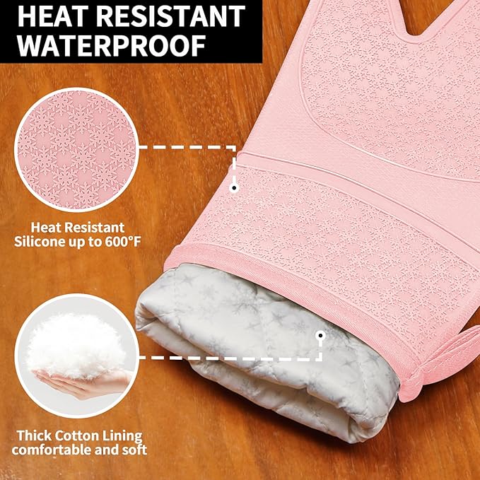 Hovico Silicone Oven Mitts, Heat Resistant 500F Kitchen Mitts 2PCS, 11.6" BPA-Free Soft Baking Gloves, Non-Slip Grip Oven Gloves with Soft Cotton Lining for Kitchen Cooking Baking BBQ - Pink - Image 3