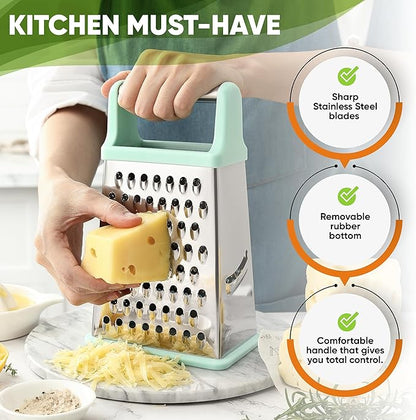 Spring Chef Professional Cheese Grater - Stainless Steel Box Grater for Kitchen, XL Size - Perfect 4 Sided Shredder for Parmesan Cheese, Vegetables, Ginger - Dishwasher Safe - Mint - Image 3