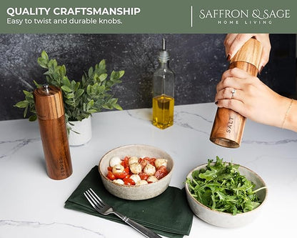 Saffron & Sage Premium Acacia Wood Salt and Pepper Grinder Set of 2-8” Tall Salt and Peppercorn Mill with Adjustable Coarse Settings, Rust Resistant, Smooth and Quality Grinding Mechanism