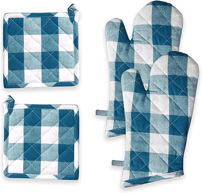 Oven Mitt & Pot Holder Buffalo Plaid Check 100% Cotton Heat Resistant Oven Gloves (7"x13") & Hot Pads (8"x8") Combo for Baking, Cooking - Teal