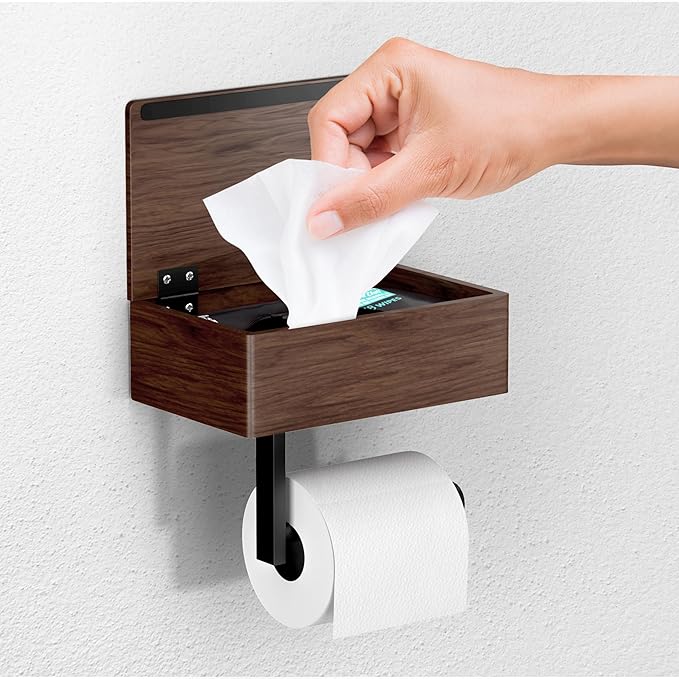 Day Moon™ - Toilet Paper Holder with Shelf - Modern Roll Holder for Bathroom - 1 Pack - Wall Mount - with Storage, Wood by DayMoonDesigns
