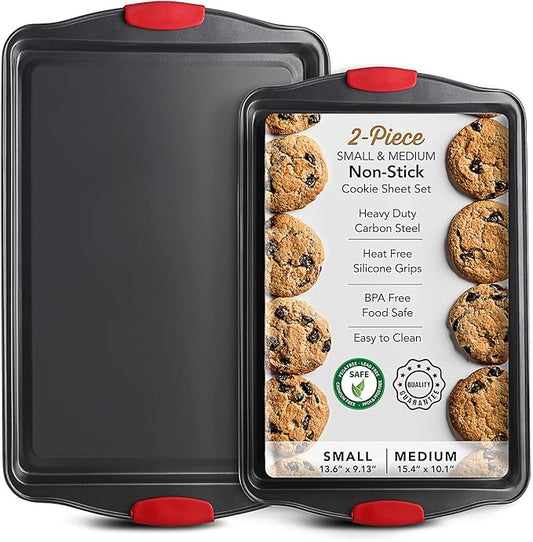 Baking Sheet Set, 2-Piece Cookie Sheet Set with Silicone Handles, Steel Baking Pan, Durable Baking Sheets for Oven, BPA Free Cookie Sheets for Baking Nonstick Set, Premium Sheet Pan, Black Baking Tray by Eatex