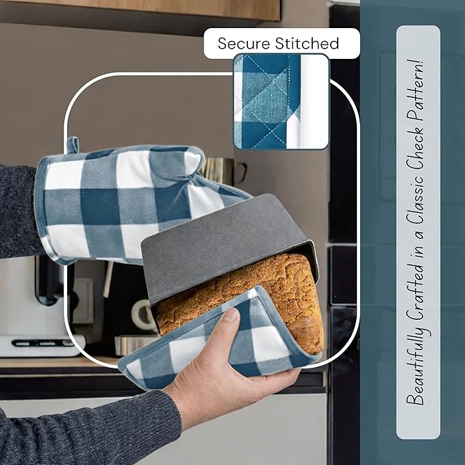 Native Fab Buffalo Plaid Check Oven Mitts and Pot Holders Set of 4, 100% Cotton Heat Resistant Kitchen Gloves, 2 Oven Mitts (7x13), 2 Pot Holders (8x8) for Cooking & Baking, Teal Green White - Image 2